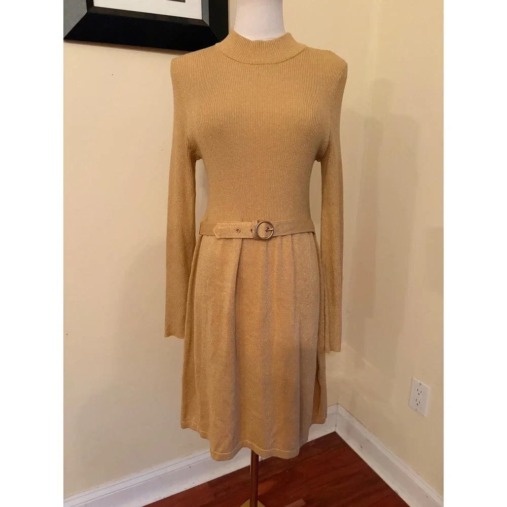 Free People French Girl Gold Lurex Ribbed Knit Mock Neck Belted Dress Medium - Picture 2 of 8